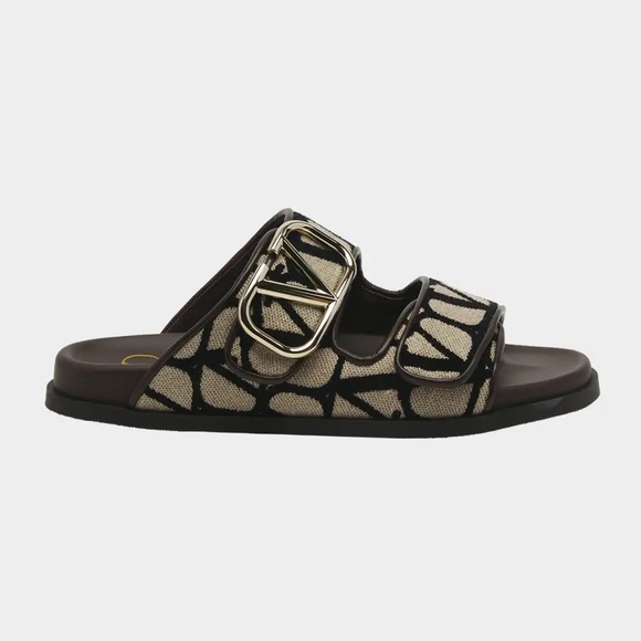 Valentino Garavani Toile Iconograph Double Strap V-Logo Slide Sandals Mule - Picture 2 of 15